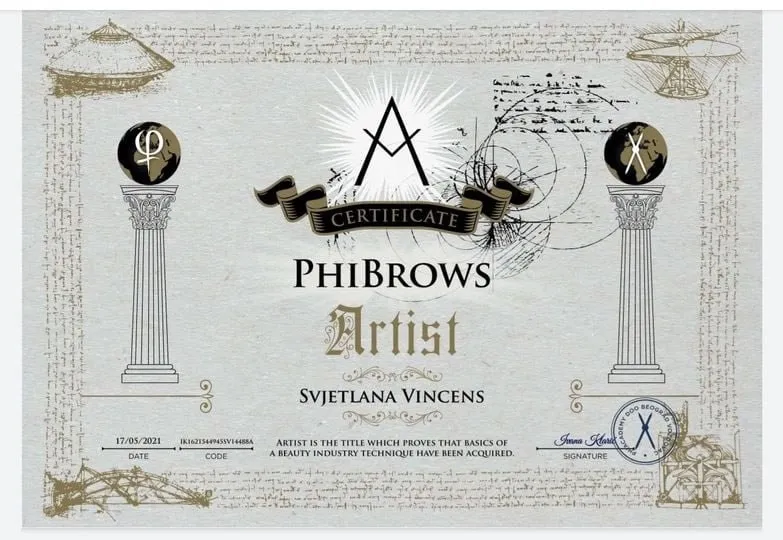 Certifikat PhiBrows Artist na ime Svjetlana Vincens